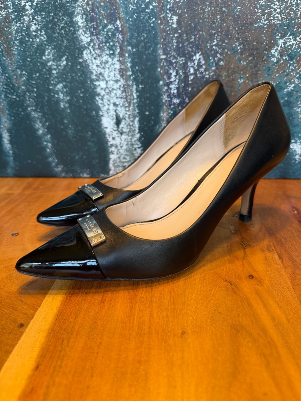Coach Black Pointed Toe Leather Pumps with Silver Logo Plate - Picture 2 of 14